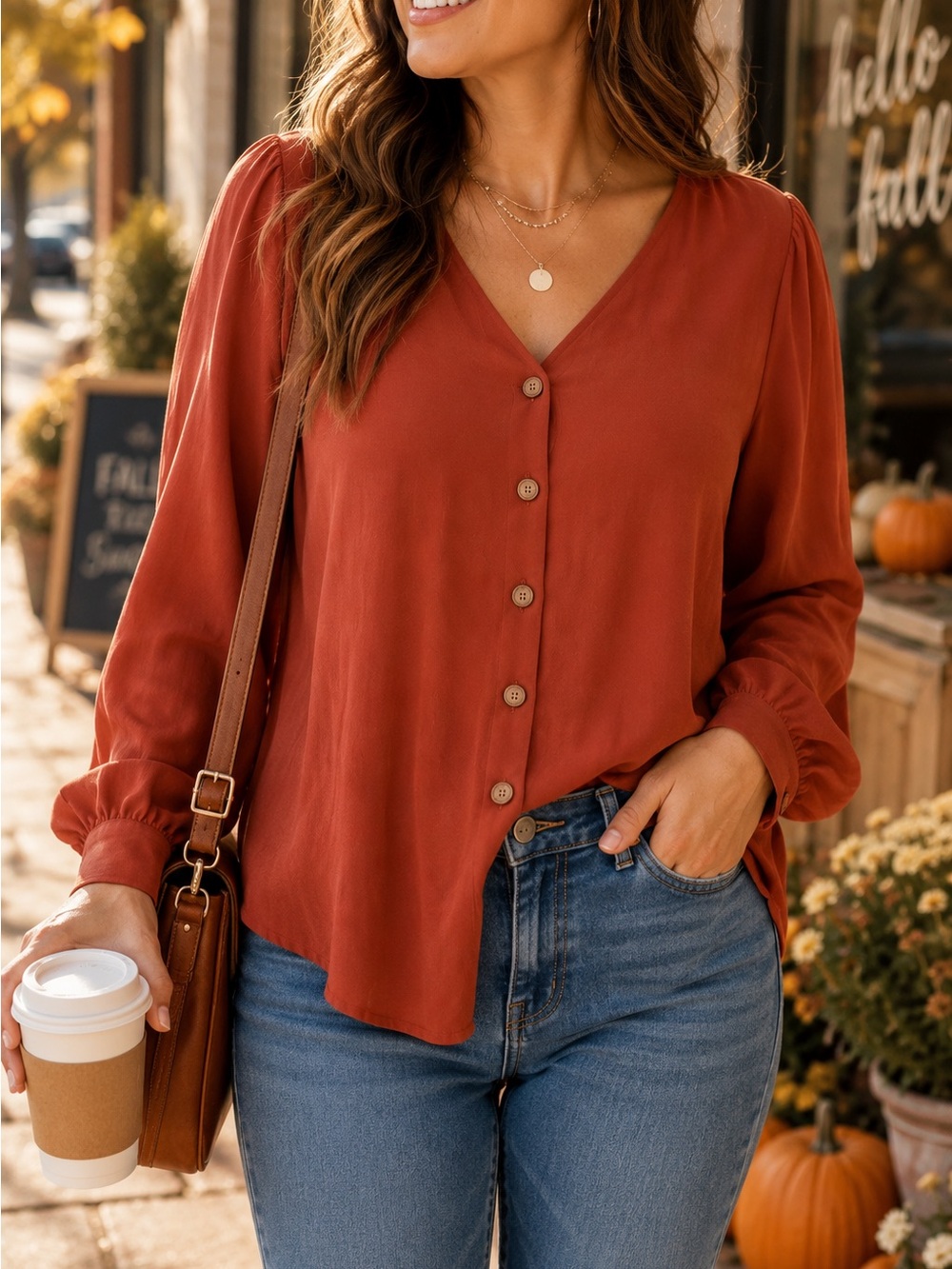 Zenana Burnt Orange Rust Button Front Blouse Women's 1X V-Neck Balloon Sleeve To